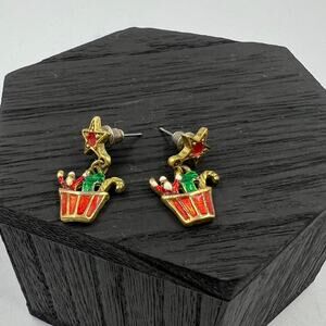 Vintage Set Christmas Santa Claus Star Gold Tone Earrings Dangle Pierced